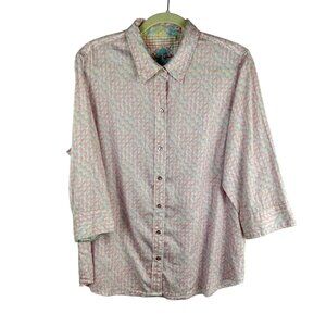 Robert Graham Button Down Shirt Women XL Pink Geometric‎ Pattern Flip Cuff Work